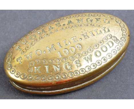Local Bristol Mining Interest - An early 20th Century antique small brass tobacco or snuff box, punched to top Thomas Angel T