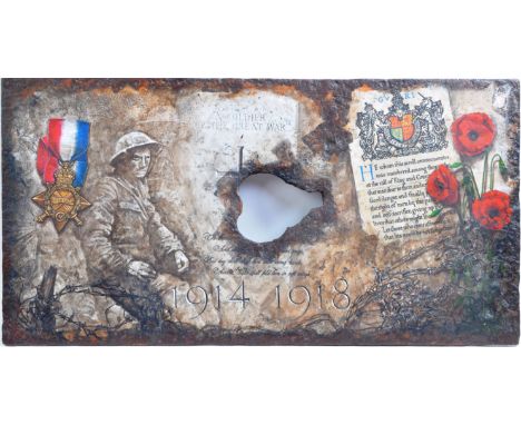A scarce original WWI First World War British Army Trench Sniper's armour plating plate. Typical iron form, with a central ho