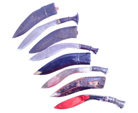 A collection of x4 antique / 20th century Gurkha Kukri knives. Each knife / machete of typical curved form, with various deco