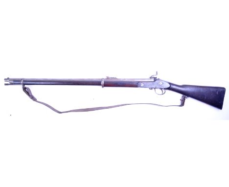 An antique 19th century Victorian British Army issued 1864 pattern percussion cap rifle. Complete example, complete with safe