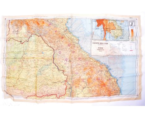 An original WWII Second World War British RAF Royal Air Force silk escape map. South-east Asia sheets 44 J and K. Two back-to