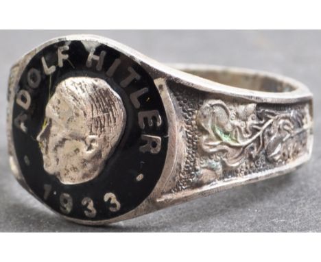 A WWII Second World War Third Reich Nazi German Adolf Hitler commemorative ring / fantasy item. White metal construction with