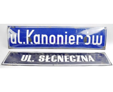 WWII Second World War Interest - x2 original mid-20th century WWII period Poland / Polish enamel street signs. Both in blue p