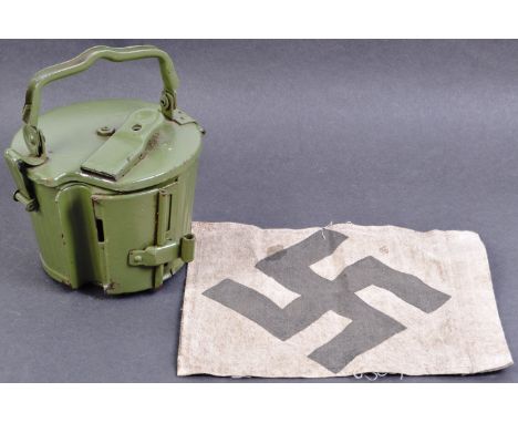 Two WWII Second World War type Third Reich Nazi German replica items comprising a white cloth patch / pennant with black Swas