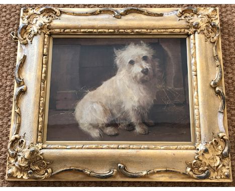 Sam Fulton (Scottish, 1855-1943) Endearing portrait of a Cairn Terrier, depicted seated on the floor of a shadowy barn, strea