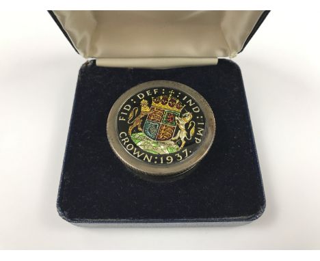 An Elizabeth II silver snuff box, of drum form, the cover inset with an enamelled 1937 silver Crown coin, Charles S Green & C