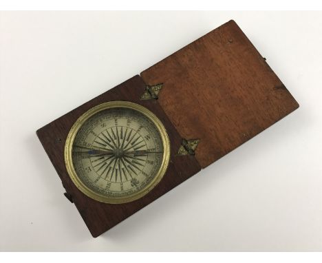 Georgian mahogany-cased pocket magnetic compass with printed rose, 7 x 7 cm