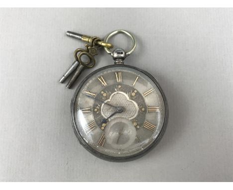 A Victorian silver cased pocket watch, having a key wound lever movement, and an engine-turned face with gilt Roman numerals 