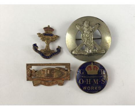 A Great War Arras "tank" sweetheart brooch, a Gordon Highlanders sweetheart brooch, a small palid-type brooch and an OHMS Wor