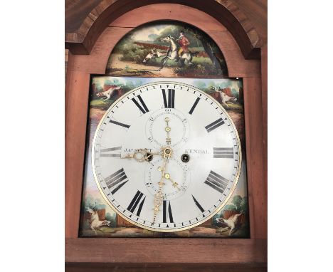 A late Georgian mahogany-cross-banded oak long case clock by James Scott of Kendal, having eight-day movement and painted fac