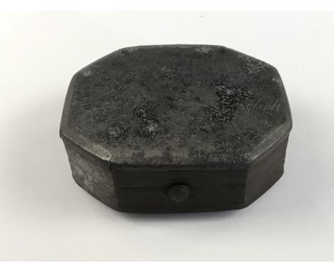A George I engraved steel pocket snuff box, the hinged lid bearing engraved foliate scrollwork and John Kelsall [?], 1728, 8.