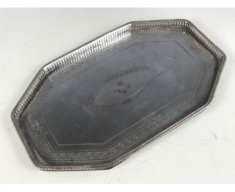 A late Georgian Old Sheffield Plate galleried waiter bearing engraved light infantry strung bugle device, 23 cm x 14 cm
