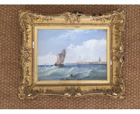 Arthur Joseph Meadows (1843-1907) Calais, bright and breezy seascape as viewed from wind rippled waters, ahead a sailboat ste