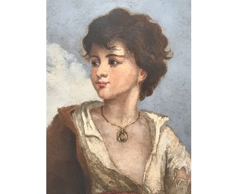 (19th Century) A sentimental head and shoulders portrait of an urchin, her curled auburn hair foiled against a cornflower blu