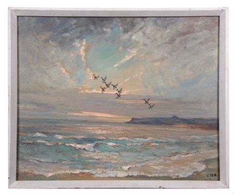 Jack Cox (British,1914-2007), Ducks in flight over a seascape, oil on board, signed, 53x42cm, framed