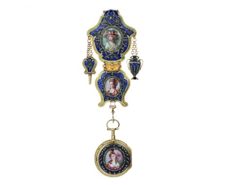 An elegant chatelaine with a gold pocket watch, set in diamonds, with enamel portraits of ladies, with a vase and a key hangi