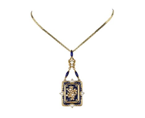Vintage, gold pendant with pearls, diamonds and enamel. Has a secret place. Gold, diamonds, pearls, blue enamel. Brands - B&a