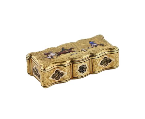 An elegant aristocratic trifle, a 19th-century French enamelled gold snuffbox with hunting scenes. Rectangular in shape, play