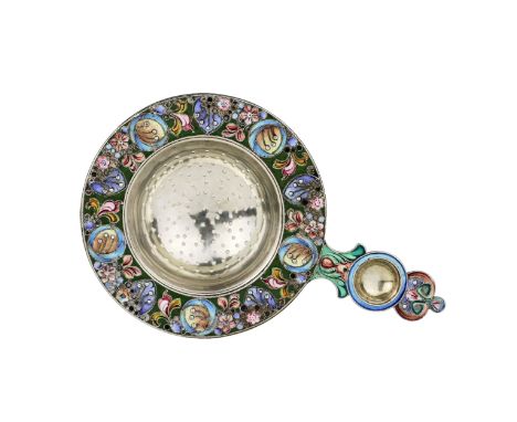 Round, Russian, silver strainer with a handle, for brewing, with a comfortable finger holder, with enamel decor in the spirit