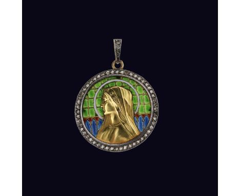 An elegant gold pendant on a chain with Our Lady on stained glass enamel, in an antique case.An elegant gold pendant on a cha