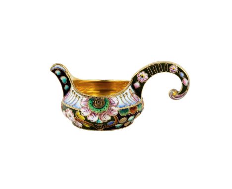 Silver Kovsh 20 artels with painted enamel on filigree, in the style of Russian Art Nouveau, with the motif of germinating an
