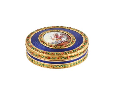 French gilded snuffbox of the late 18th century, with enamel decoration and painting. Round snuff box, on the lid, with a nob