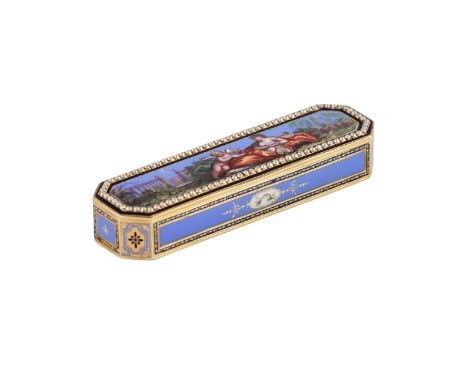 Refined gold toothpick case in enamel, decorated with pearls. An elongated rectangle with beveled corners. Lid with a painted