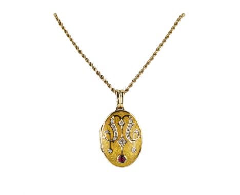 Gold pendant on a chain with a ruby, in the original case. Faberge, France. Memorial, gold pendant, 750 standart, for paired 