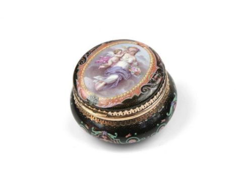 Round gold enamel powder box Violettes Paris circa 1860 On a noble, dark brown background in a gold net and antique grotesque