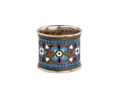 Russian, silver napkin ring, cloisonné enamel. Moscow, 1898-1914, 84 silver. Polychromy, flower cloisonné enamel, spherical f