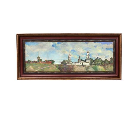 K. Yuon. Etude Province. Horizontal, panoramic composition with a low horizon, overlooking the church and monastery courtyard