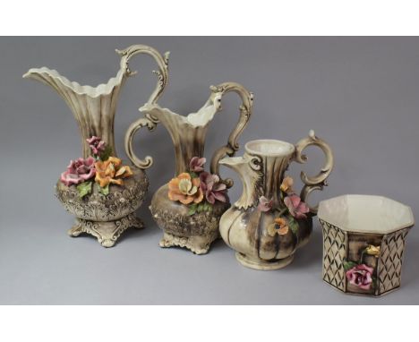 A Collection of Continental Floral Decorated Jugs and a Planter, Condition Issues 