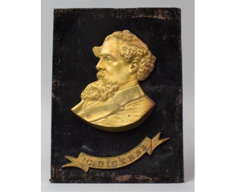 A Gilt Metal Relief Portrait of Charles Dickens Set on Velvet Covered Rectangular Wooden Board, 31x21cm 