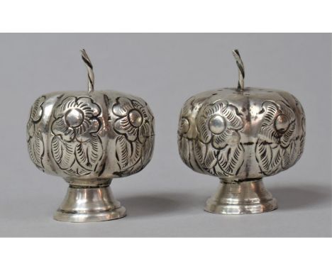 A Pair of Mexican Sterling Silver Salt and Pepper Pots, in the Form of Pumpkins, 5cm high