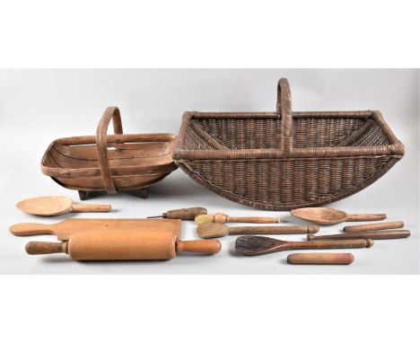 A Wicker Flower Trug Together with a Basket Containing Vintage Wooden Kitchen Tools 