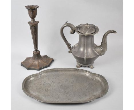 A Pewter Tray, Coffee Pot and a Metal Candle Stick, 30cm high 