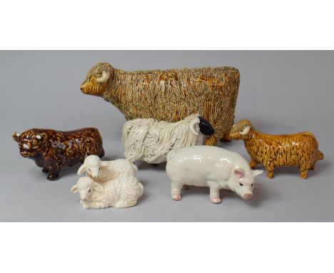 A Collection of Six Farm Ceramic Farm Animal Ornaments to Include Highland Cattle, Pigs, Sheep etc 
