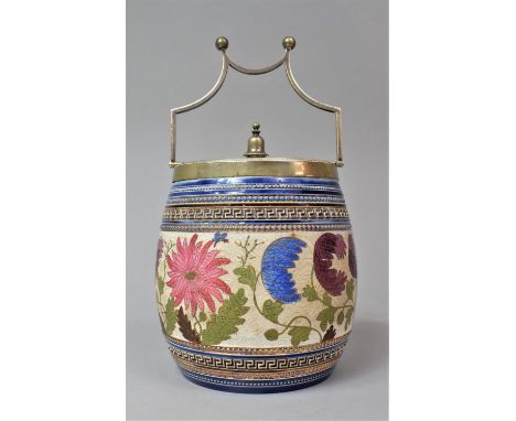 A Late Victorian/Edwardian Silver Plate Mounted Ceramic Biscuit Barrel Decorated with Flowers 