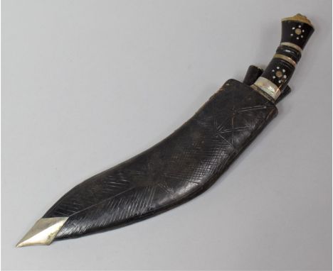 A Vintage Kukri Knife with Two Daggers in Leather Scabbard, 34cm Long 