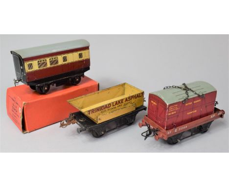 A Collection of Two O Gauge Tinplate Goods Wagons and One One Coach, Coach with Original Hornby Box 