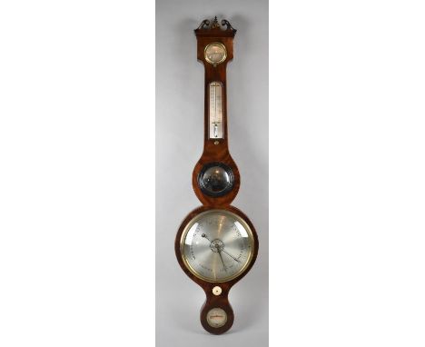 A Mid 19th Century Mahogany Wheel Barometer with Spirit Level, Thermometer and Hygrometer, Swan Neck Cornice, 96cm high 