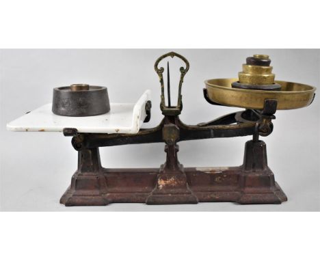 A Set of Late 19th Century Kitchen Scales with Brass Pan and Ceramic Stand Together with Collection of Various Brass and Cast