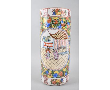 A Reproduction Oriental Ceramic Cylindrical Stick Stand Decorated in Multi-coloured Enamels, 36cm High 