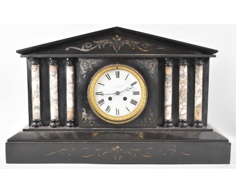 A Late 19th/Early 20th Century Heavy Black Slate and Marble French Mantle Clock of Architectural Form with Eight Day Movement