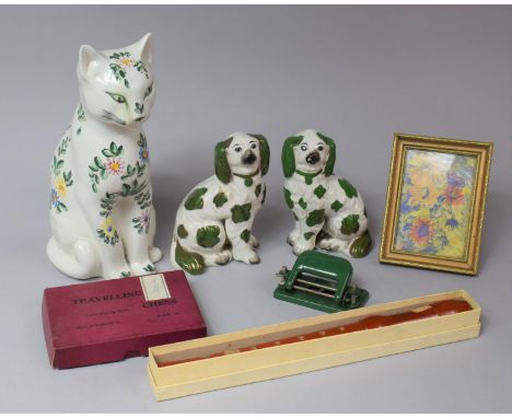 A Collection of Sundries to Include Pair of Staffordshire Dogs, Portuguese Cat, Vintage Recorder, Travelling Chess Set etc 