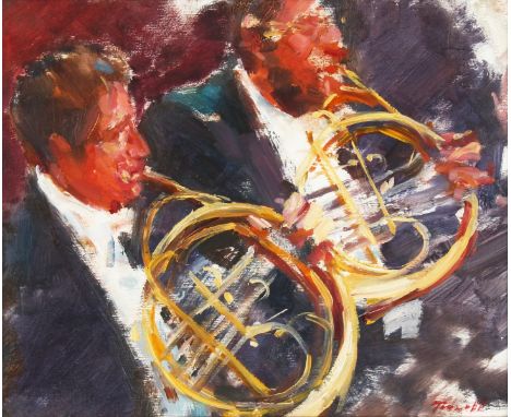 Jonathon Towell NEAC (1938-2013) British. 'Horns', a Study of Two Musicians Playing French Horns, Oil on Board, Signed, 8" x 