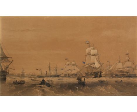 Oswald Walters Brierly (1817-1894) British. The Fleet Provisioning at Sea, Lithograph, 13.5" x 22.5".