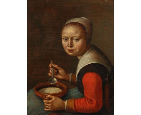 18th Century Dutch School. Portrait of a Girl, Oil on Oak Panel, 7.5" x 6".