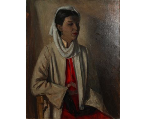 20th Century School. Portrait of an Elegant Lady in a Head Scarf, Oil on Canvas, Indistinctly Signed, 36" x 28".