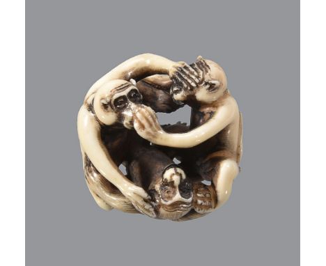 ϒA Stagshorn Netsuke in the form of the Sanbikisaru, the spherical grouping showing the traditional gestures, later inscribed